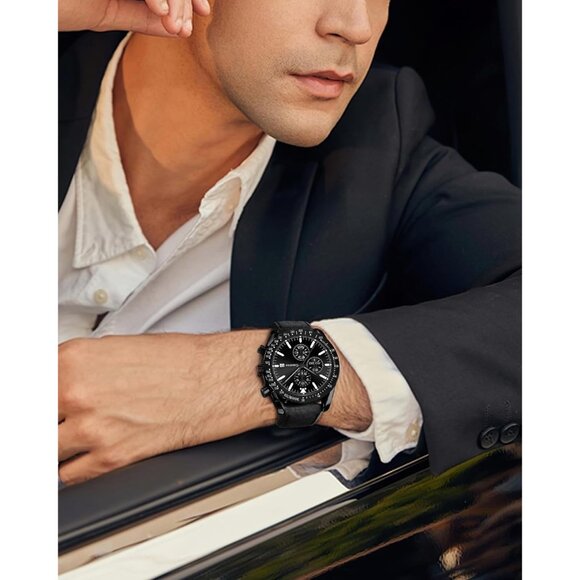 ⚡Men's Leather Watche Chronograph Analog Quartz Date Wrist Watch 30M Waterproof - Picture 2 of 7